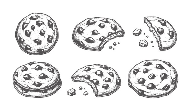 Black and white of chocolate chip cookies in various stages
