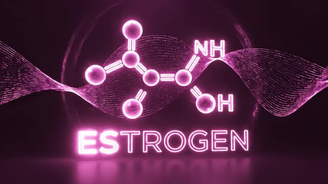 Glowing Neon Chemical Structure of Estrogen Molecule with Abstract Light Waves