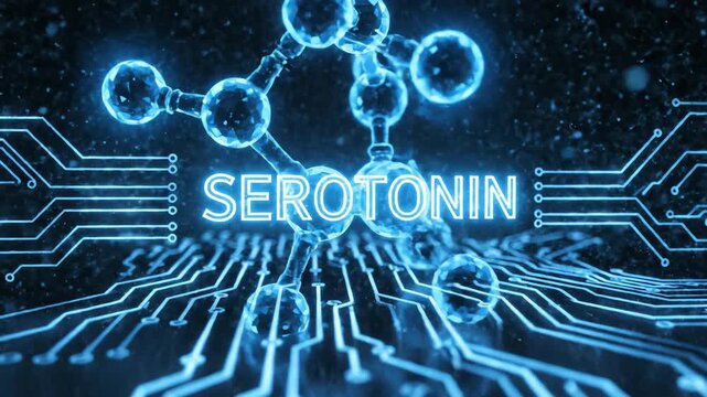 Digital visualization of the vital serotonin molecule within a futuristic brain network, representing neurotransmission, emotional balance, and cognitive well-being