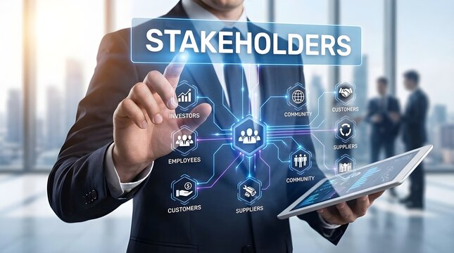 Stakeholder Management Business Businessman Pointing at Digital Network with Investors, Employees, Customers, Suppliers & Community Icons on Tablet Interface

