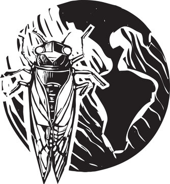 Woodcut expressionist style giant  cicada on the earth