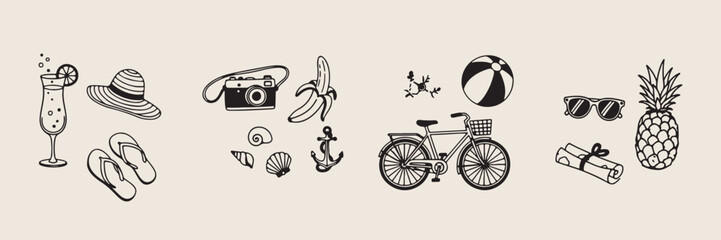 Fototapeta premium Travel and hobby doodle set, hand drawn bicycle and camera icons, adventure vacation sketches collection for design, minimalist travel elements for branding, holiday activity line art graphics, summer