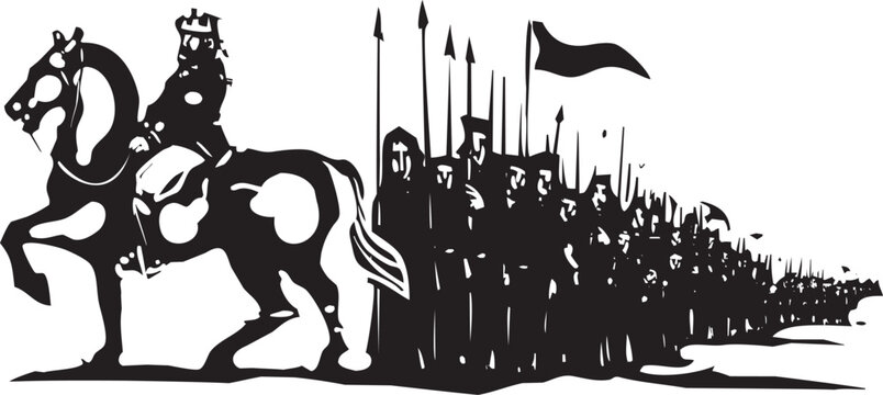 Woodcut style expressionist image of a king and his army on the march