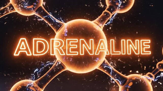 Adrenaline molecule structure with glowing orange particles and the word Adrenaline illuminated