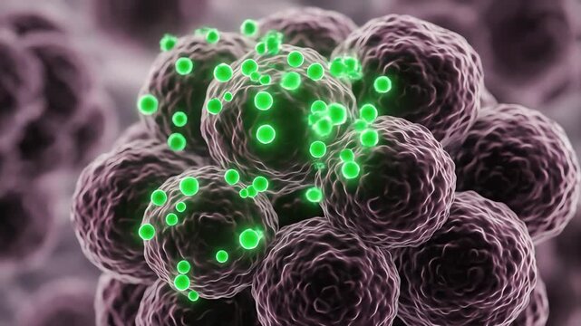 Microscopic Visualization of Cellular Interaction Abstract Concept of Small Particles Attaching to Host Cells, Illustrating Biological Processes and Scientific Research