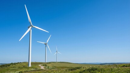 Fototapeta premium Modern Wind Turbines On Clear Blue Sky Background
