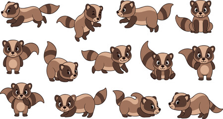 Fototapeta premium Cute Cartoon Beaver Characters Set with Different Poses and Expressions, Adorable Woodland Animal Mascots for Kids Design, Stickers, and Playful Vector Illustration