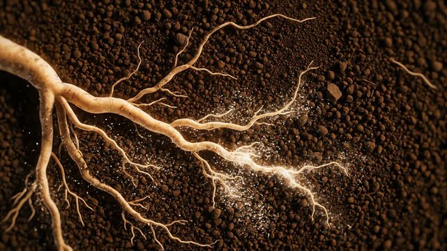 Close-up of a plant's root system spreading through dark soil with a light dusting of white particles