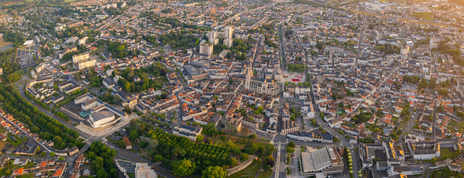 An aerial view beside the old town above the city  Cholet , France on a sunny day in spring
