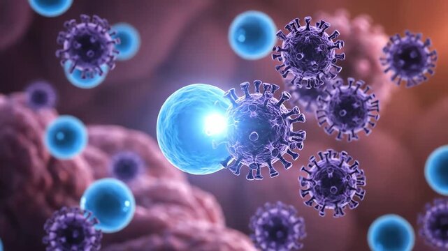 Microscopic battle for health A conceptual illustration of an immune cell confronting viral pathogens, symbolizing biological defense and the body's protective mechanisms