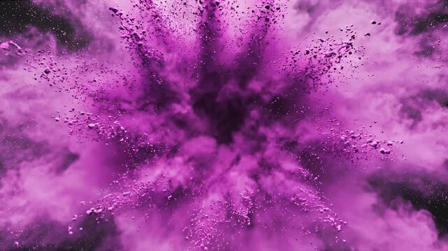 Purple powder explosion forming abstract vibrant pattern concept. Vibrant purple powder explosion with dynamic particles and bright colorful smoke on black background