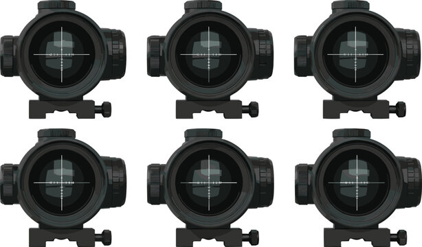 Set of rifle scope optics with crosshair reticle isolated on white background realistic vector illustration tactical aiming equipment
