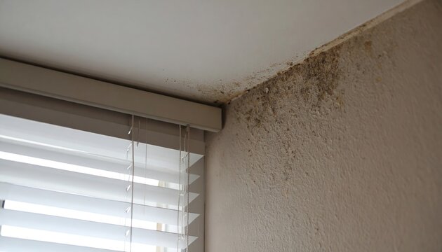 Black mold growth on walls and ceiling near window with blinds