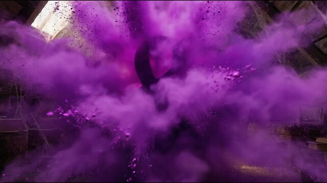 Purple powder explosion forming abstract vibrant pattern concept. Vibrant purple powder explosion with magical light in rustic attic filled with old books and wooden furniture
