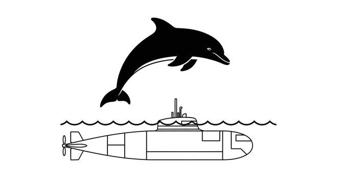 Dolphin jumping over submarine watercraft vehicle.