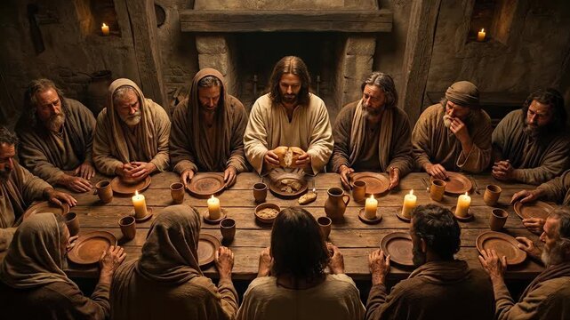 Jesus Christ breaking bread and sharing wine with twelve apostles at candlelit Last Supper representing sacred eucharist covenant and crucifixion. Holy week in biblical semana santa