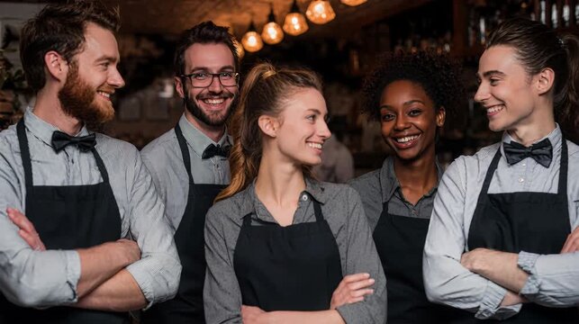 Happy Cafe Staff Team Smiling in Restaurant Bar