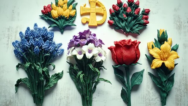 A colorful display of six flower bouquets pinned to a pale blue wall with a central golden dollar sign