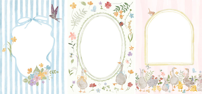 Easter whimsical frames set with stripes, watercolor goose, flowers, leaves in a cottagecore style perfect for invitations , thank you cards, stickers, scrapbooking, easter designs.