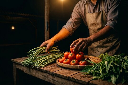 Chiaroscuro close-up of vendor hands arranging tomatoes and green beans under a single incandescent bulb in predawn market darkness.