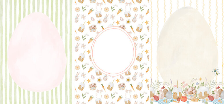 Easter greeting card set in vintage style with whimsical hand drawn  egg, bows, cake, stripes frames. PNG template for invitation, poster, cover, menu