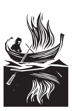 Woodcut Style expressionist imag eof a man in a Burning Boat