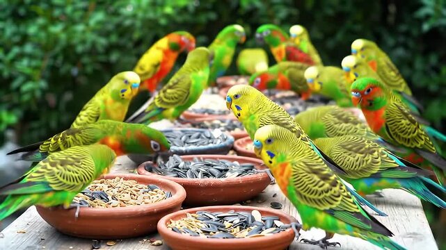 A colorful flock of budgerigars perched around seed bowls on an outdoor garden table