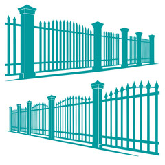 Fototapeta premium Set of decorative antique metal forged fences with gates and posts, long fence silhouette illustration in flat perspective style