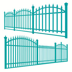 Fototapeta premium Wrought iron fence sections in turquoise color showing different perspective angles and architectural details for garden security and park boundaries