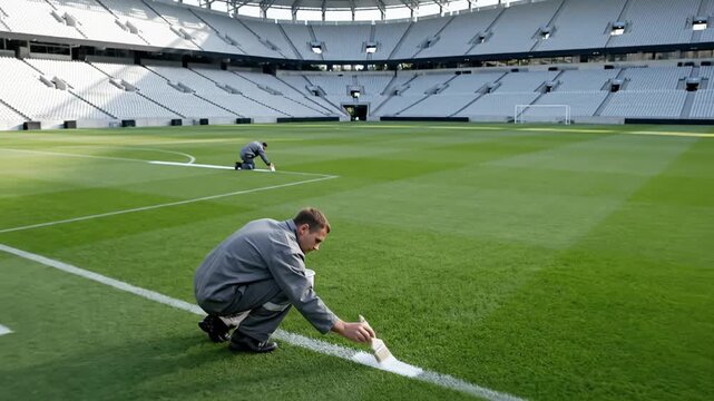 Stadium groundskeeper painting white line markings on perfect green grass pitch inside modern empty football arena. World cup. Match preparation sporting excellence and soccer event. 