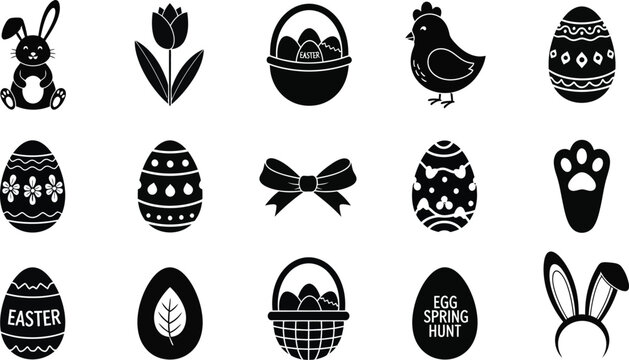 Black vector easter icon set with bunny eggs and floral elements