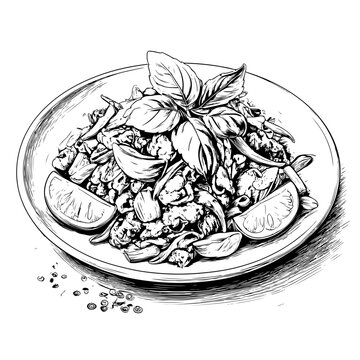 Hand Drawn Illustration of Delicious Thai Pad Krapow Moo Moo Pork Stir Fry with Basil and Lime on a Plate, Adobe Stock