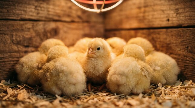 Group of yellow baby chicks huddling under a heat lamp