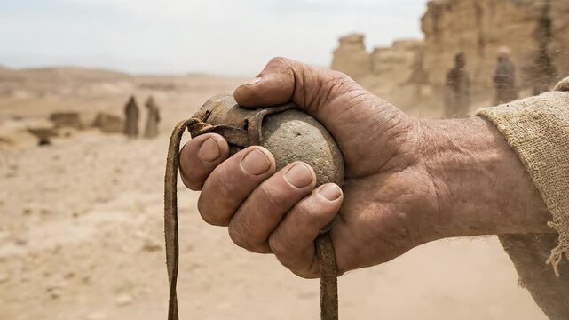 David's weathered hand holding smooth stone and sling in desert battlefield preparing to face Goliath representing biblical courage faith underdog victory and divine strength in Old Testament 