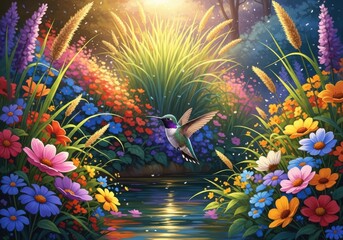 Fototapeta premium Hummingbird flying over colorful flowers and water with sun shining