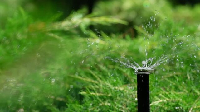 Garden Sprinkler Watering Pine and Juniper Trees Eco Care Concept. Irrigation System Spraying Water on Evergreen Plants Garden Lifestyle. Automatic Irrigation of Pine Trees Sustainable Gardening 