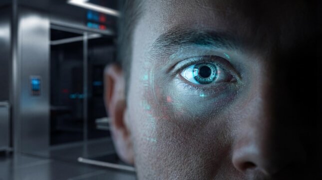 Close up of athlete eye illuminated by soft blue biometric scan lights