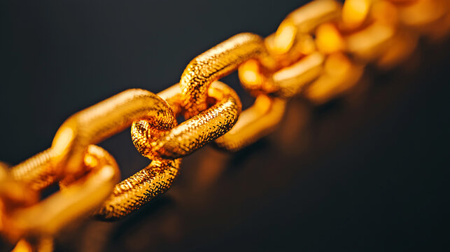 Close-up golden chain representing strength, connection, blockchain security and financial trust. Luxury macro with shallow depth of field and copy space.