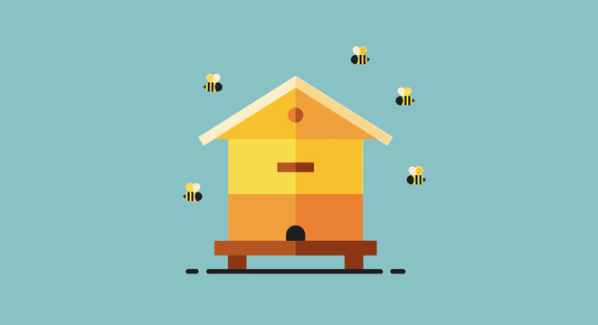 Bees flying around a beehive.