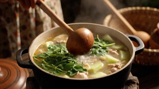Person cooking traditional chicken soup with moringa and papaya