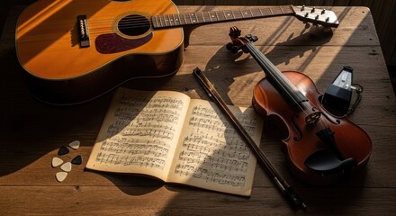 Fototapeta premium Acoustic guitar and violin lie beside sheet music on a wooden surface