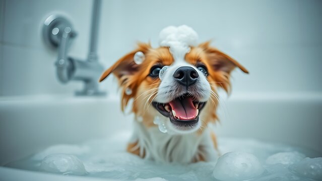 suds. Playful dog enjoying bath time surrounded by bubble foam in a cheerful bathroom scene. wildlife magazines, conservation campaigns, designed for wildlife conservation campaigns.