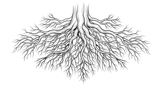 Tree Roots System Illustration - Detailed Black and White Drawing