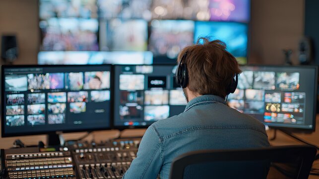Control Room: A skilled technician at work, immersed in a complex array of screens and equipment, showcasing modern technology and the world of media production.