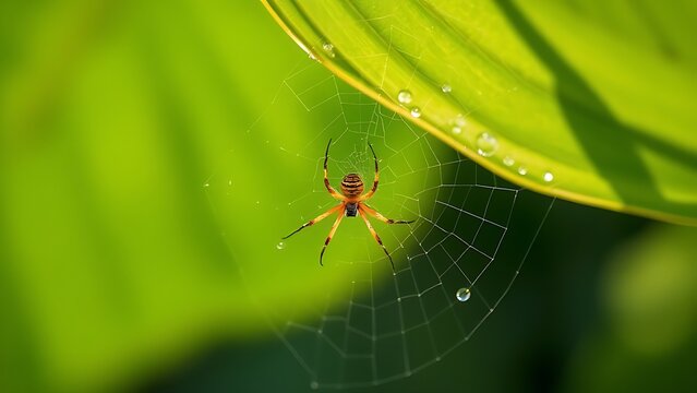 unobserved. A spider weaving a delicate web on a large green leaf with morning dew. wildlife magazines, conservation campaigns, designed for wildlife conservation campaigns, used by product managers.