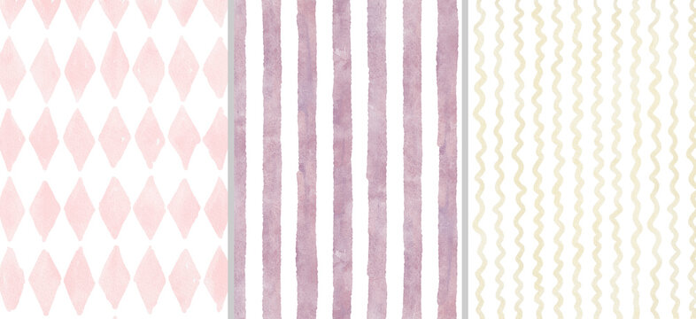 Whimsical watercolor background frames set with light yellow, violet stripes and pink diamond pattern. Perfect for backgrounds, stationery, packaging, Valentine's Day and Christmas designs.