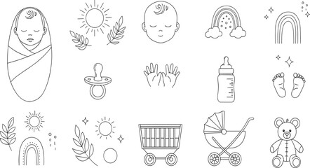 Fototapeta premium Minimal Baby Line Art Icon Set with Newborn, Pacifier, Bottle, Stroller, Rainbow, Teddy Bear, and Nursery Elements for Modern Outline Design.