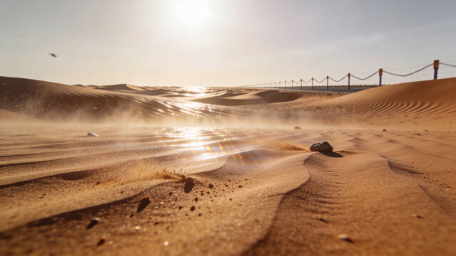地面すれすれの砂漠、陽炎が空気に厚みを与える熱の質量の低視点
