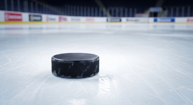 Black puck rests on ice, blurred stadium background