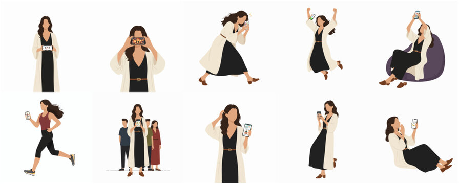 Flat Woman in Various Poses and Activities Full Body Illustration